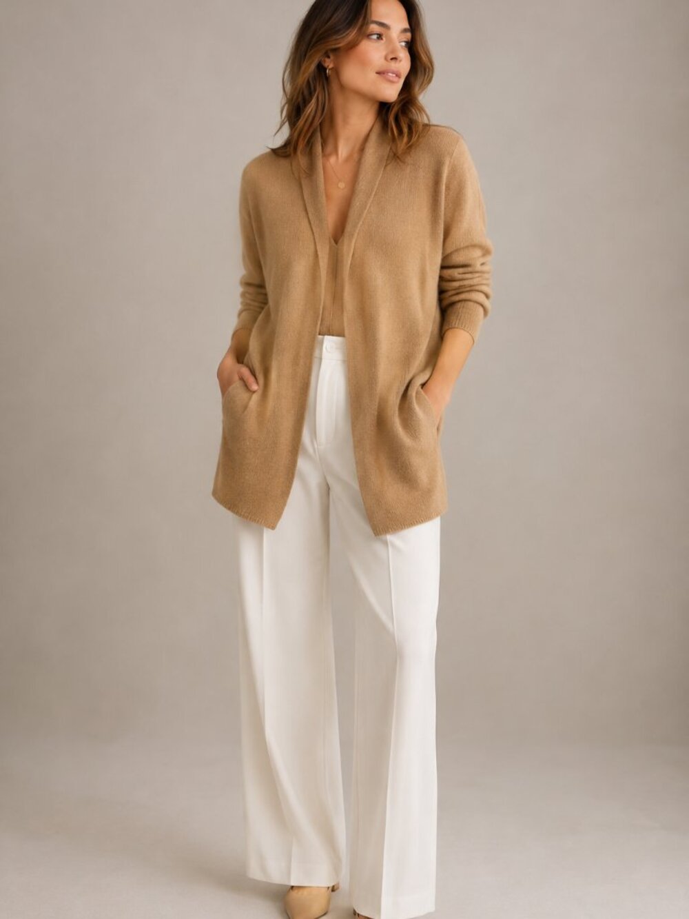 Cashmere Open Front Cardigan Camel Longline Sweater Women's Medium Evelyn Grace